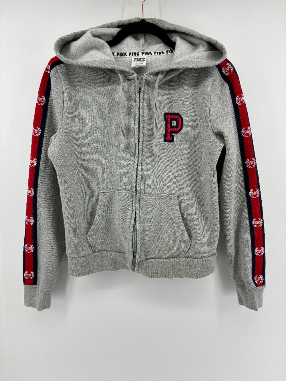 PINK Victoria's Secret Grey Zip Hoodie with Red & Navy Sleeve Stripes